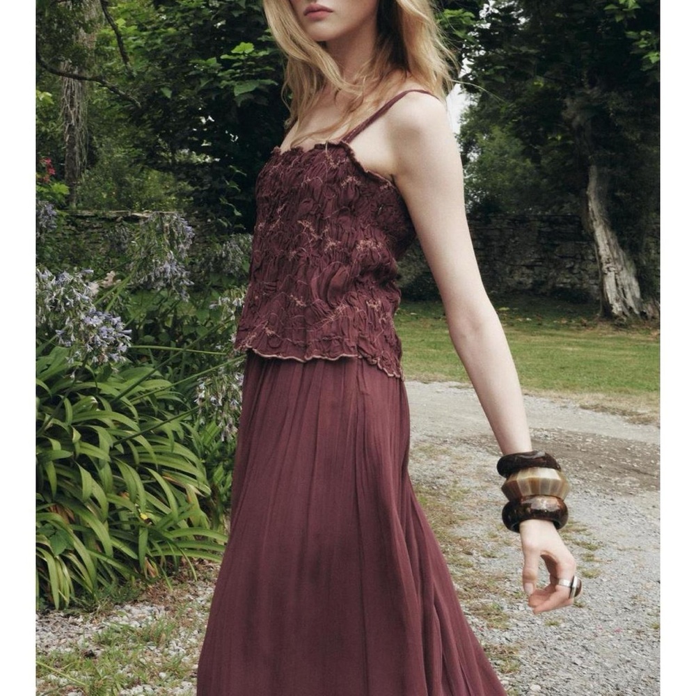 NWT Zara Embroidered Textured Ruffle Wrinkle Effect Maxi Dress in Wine - S